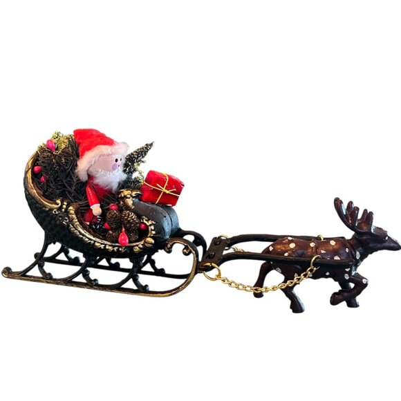 Vintage Cast Iron Metal Christmas Sleigh Reindeer And Santa Assemblage Decor - Picture 2 of 11